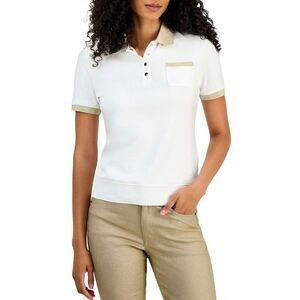 Tommy Hilfiger Womens Cotton Contrast-Trim Polo Top Medium White - NWT $70